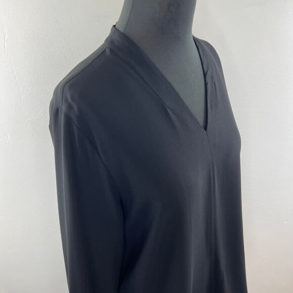 Eileen Fisher Black Top Georgette Crepe V-Neck Shirttail Hem Button Cuff S Small - Picture 6 of 10